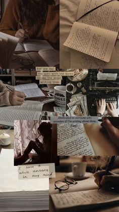 collage of photos with papers and writing on them