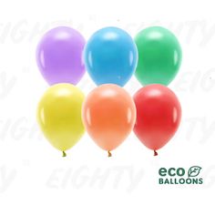 six balloons in different colors on a white background with the words eco balloons above them