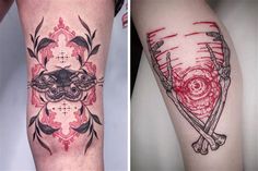 two different tattoos on both legs and one with an image of a demon in the middle