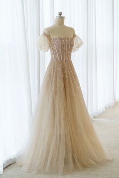 A-Line Tulle Beaded Long Prom Dress Prom Dress Champagne, Brown Prom Dresses, Champagne Homecoming Dresses, Yellow Homecoming Dresses, Prom Dress Beaded, Gold Prom Dress, Beaded Sleeves, Orange Prom Dresses, Purple Homecoming Dress