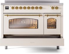 an old fashioned white oven with gold knobs