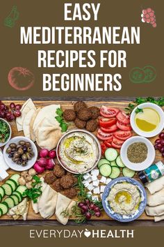 the cover of easy mediterraneann recipes for beginners, including pita breads and vegetables