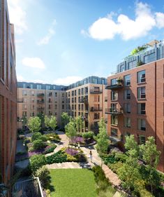 an artist's rendering of a courtyard in the middle of a city with trees and bushes