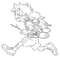 a drawing of a boy running with a backpack on his back and a stick in his hand