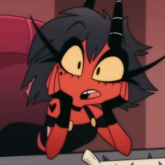 a cartoon character with horns and black hair