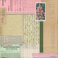 a collage of papers with flowers and numbers on them, all in different colors