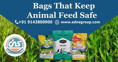 bags that keep animal feed safe are on display in front of some green grass with the words, bags that keep animal feed safe