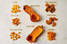 the ingredients to make sweet potato casserole laid out on a white counter top