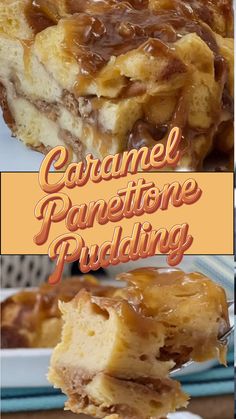 This PIN highlights a "Caramel Panettone Pudding" with close-up images showcasing the rich, gooey caramel sauce covering soft and moist panettone slices. It’s a deliciously indulgent dessert, perfect for caramel lovers looking for a sweet and festive holiday treat. Caramel Bread, Caramel Bread Pudding, Traditional Desserts