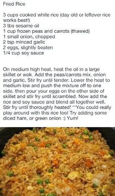 the recipe for fried rice in a skillet is shown above it's ingredients