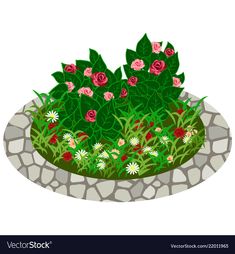 a garden with flowers and grass in the stone bowl on a white background royalty illustration