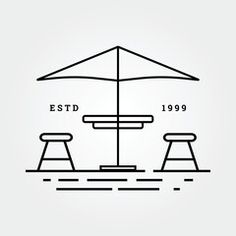 an umbrella and two stools are shown in black and white, with the words estd on it