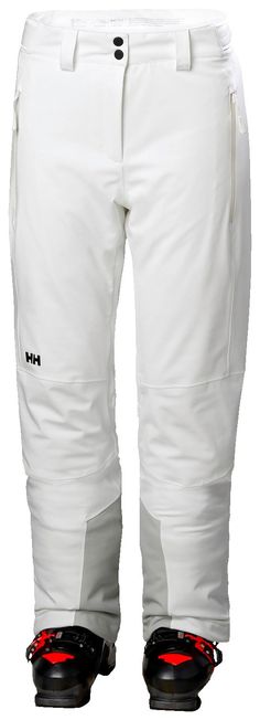 the back view of a pair of white ski pants with black and red accents on them