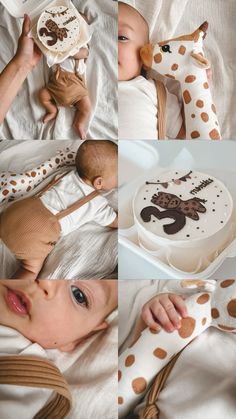 a collage of photos with baby and giraffe cake