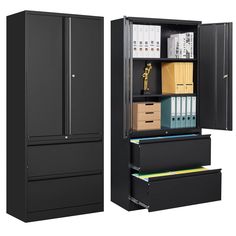 two black filing cabinets with drawers and file folders