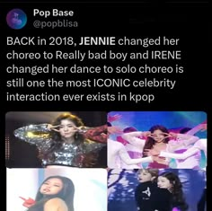 an image of the back in 2013, jenny changed her choice to really bad boy and irne changed her dance to so she is still on the most iconic celebrity interaction ever exits in kpop