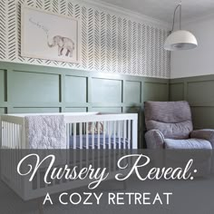 a baby's room with a rocking chair, crib and nursery reveal sign