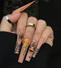 PRICES MAY VARY. Handmade Press On Nails - Crafted with precision and attention to detail, Aegenacess press-on nail sets offer you salon-style perfection at your fingertips Extra Long Square Nails - The main theme is nude with a matte finish. It features fun and festive designs like pumpkins, spiders, and webs. Add a touch of Gothic charm to your Halloween outfit with these spooky press-on nails for a party, or wear them regularly to add a touch of Goth to your look. Just to keep it fun 24 Fake Acrylic Nails Yellow, Horror Nails, Holloween Nails, Long Press On Nails, Halloween Acrylic Nails, October Nails, French Tip Acrylic Nails, Exotic Nails