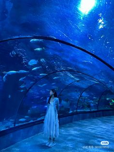 a woman standing in front of an aquarium