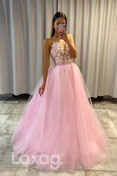 Laxag-Formal-Prom-Dress-18707-1.jpg Prom Dress Pink, Tulle Neckline, Custom Prom Dress, Tulle Gown, Applique Fabric, Women Formals, Linnet, Formal Dresses For Women