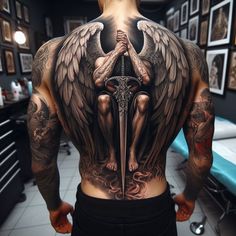 Amazing Back Tattoos, Back Tattoos For Men, Angel Warrior Tattoo, Angel Back Tattoo, 천사와 악마, Archangel Tattoo, Full Leg Tattoos, Realistic Tattoo Sleeve, Men Tattoos Arm Sleeve