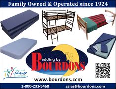 various mattresses and bunk beds for sale with the caption, bedding by bourdons