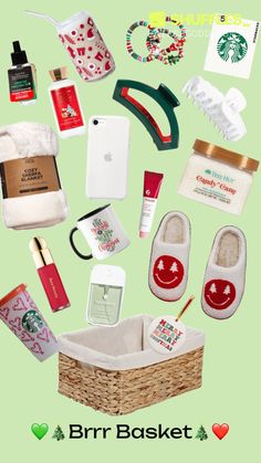 the contents of a basket are arranged on a green background with text that reads, starbucks christmas gift guide