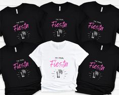 five t - shirts with the words fiesta written in pink and black on them,