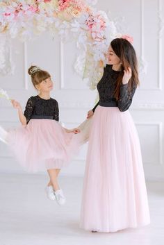 Mother Daughter Matching Dress, Blush Black Dress, Mommy and Me Outfit Mother daughter matching maxi lace tutu dresses in black and blush color. Mommy and Me matching outfits can be ordered in different colors. Mommy`s dress is maxi tutu dress with long sleeves, and daughters dress is floor length tutu with long lace sleeves. Color and fabric: cotton lace and cotton lining, tulle Length of the dresses can be made as you wish. Additional cost may be applied For better fit you can leave in the not Mummy And Daughter Same Dress, Formal Gown Photoshoot, Mother And Daughter Dresses Indian, Gown Photoshoot, Mommy And Me Matching Outfits, Dresses In Black, Casual Gowns, Dress Birthday Party, Mother Daughter Dresses Matching