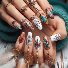 Get ready to elevate your style with these gorgeous fall nail designs that are perfect for the cozy season! From rich autumn hues to bold patterns, these trendy nails will have everyone asking where you got them done. Don't miss out on the must-try nail looks that will make you feel glamorous all season long! 🍁💅  #FallNails #NailInspo #AutumnVibes #NailArt #TrendingNails #NailDesigns Native American Nail Art, Trending Nail Ideas, Summer Nails Extra, Coffin Nails Short, Cute Funky Nails, Indian Nails, Feather Nails, American Nails, Elegant Nail