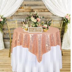 PRICES MAY VARY. ❤ WHAT YOU GET : 1pc 50x50-Inch square rose gold sequin table cloth, this glitter table cloth would be amazing table cover for small round tables ❤ NO DROPPING SEQUINS : serged edges avoid falling sequins, beautiful colors of sequin tablecloth ensure your wedding party birthday christmas prom decoration dessert cake tables more elegant and sparkly ❤ SEAMLESS : made of sequin mesh fabric , seamless sequin table linen sparkly sequin tablecloth ❤ NO THIN,NOT THROUGH : full dense se Champagne Sequin Tablecloth, Rose Gold Wedding Table, Rose Gold Sequin Tablecloth, Glam Wedding Decor, Gold Sequin Tablecloth, Rose Gold Table, Gold Sequin Fabric, Sequin Table Runner, Sequin Table