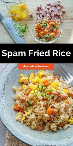 spam fried rice with ham and vegetables on the side