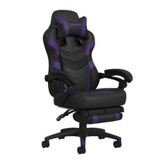 a black and purple office chair with wheels