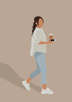 a woman walking with a cup of coffee in her hand and a cell phone in her other hand