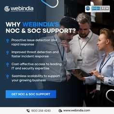 an advertisement for webina's noc and soc support service, with three people looking at something