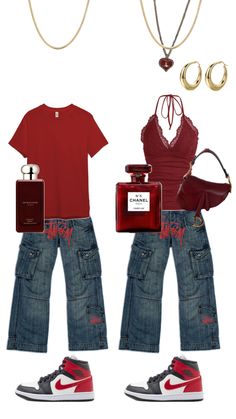 a woman in red shirt and jeans outfit with matching shoes, necklaces and handbag