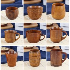 several pictures of wooden mugs with different designs on them, all showing the inside and outside