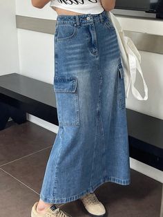 Women's Long Straight Denim Skirt With Cargo Pockets, Casual Light Wash    Denim Plain Straight Non-Stretch  Women Clothing, size features are:Bust: ,Length: ,Sleeve Length: Fashion Design Aesthetic, Cargo Skirt Outfit, Casual Denim Jeans, Outfit Essentials, Long Denim Skirt, Types Of Fashion, Denim Skirt Women, Elegant Dresses Long, Cargo Skirt