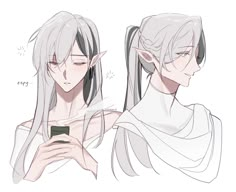 two anime characters are looking at their cell phones, one is wearing a white shirt and the other has gray hair