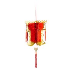 a red and gold wind chime on a white background