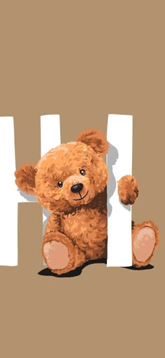 a brown teddy bear sitting behind the letter h