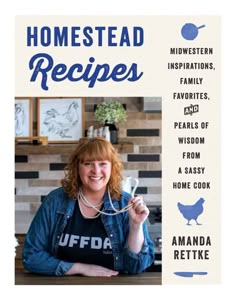 a woman sitting at a table with some food in front of her and the words, homestead recipes