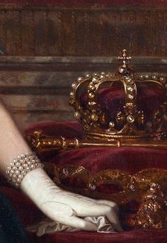 a painting of a woman's hand with a tiara on her left arm