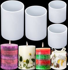 six candles with different designs and colors