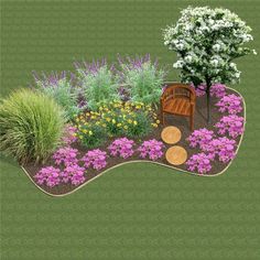 an artist's rendering of a garden with flowers and a bench