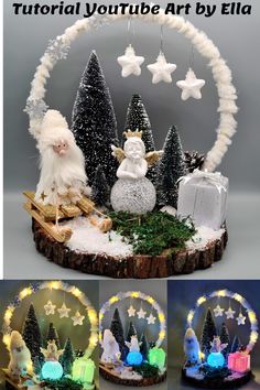 the christmas scene is made out of wood and decorated with fairy lights, snowman, santa