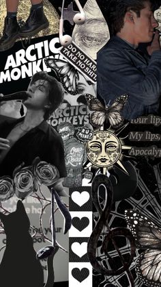 a collage of various images with the words arctic monkeys on them and an image of a man's face