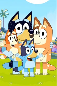 the cartoon family is standing together in front of a blue and orange cat with its eyes closed