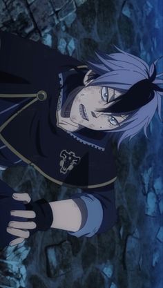 an anime character with long hair and blue eyes standing in front of a rock wall