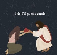 two people kneeling down to each other in front of a dark background with the words solo tu puedes sanaro on it